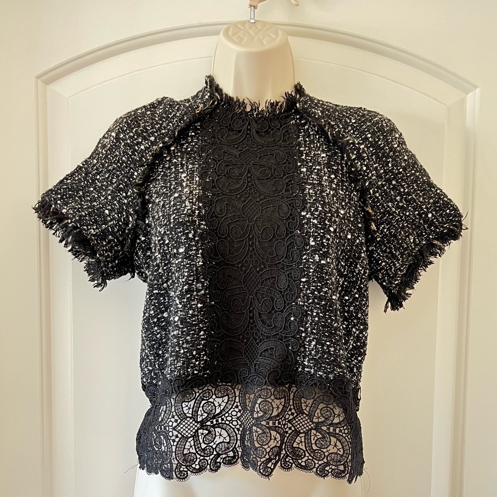 Zara Black Tweed & Lace Crop Top
